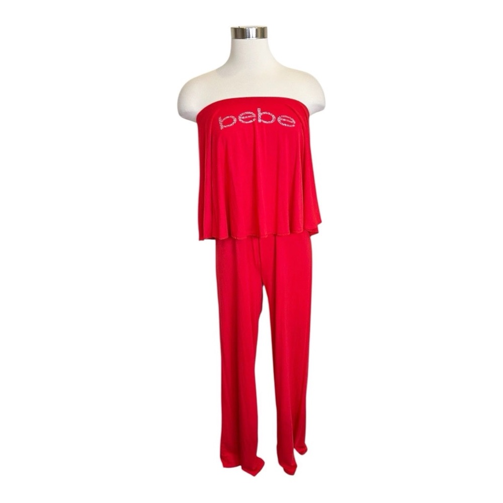 Bebe One Piece Red Strapless Jumpsuit Bling Spellout Y2K Size M